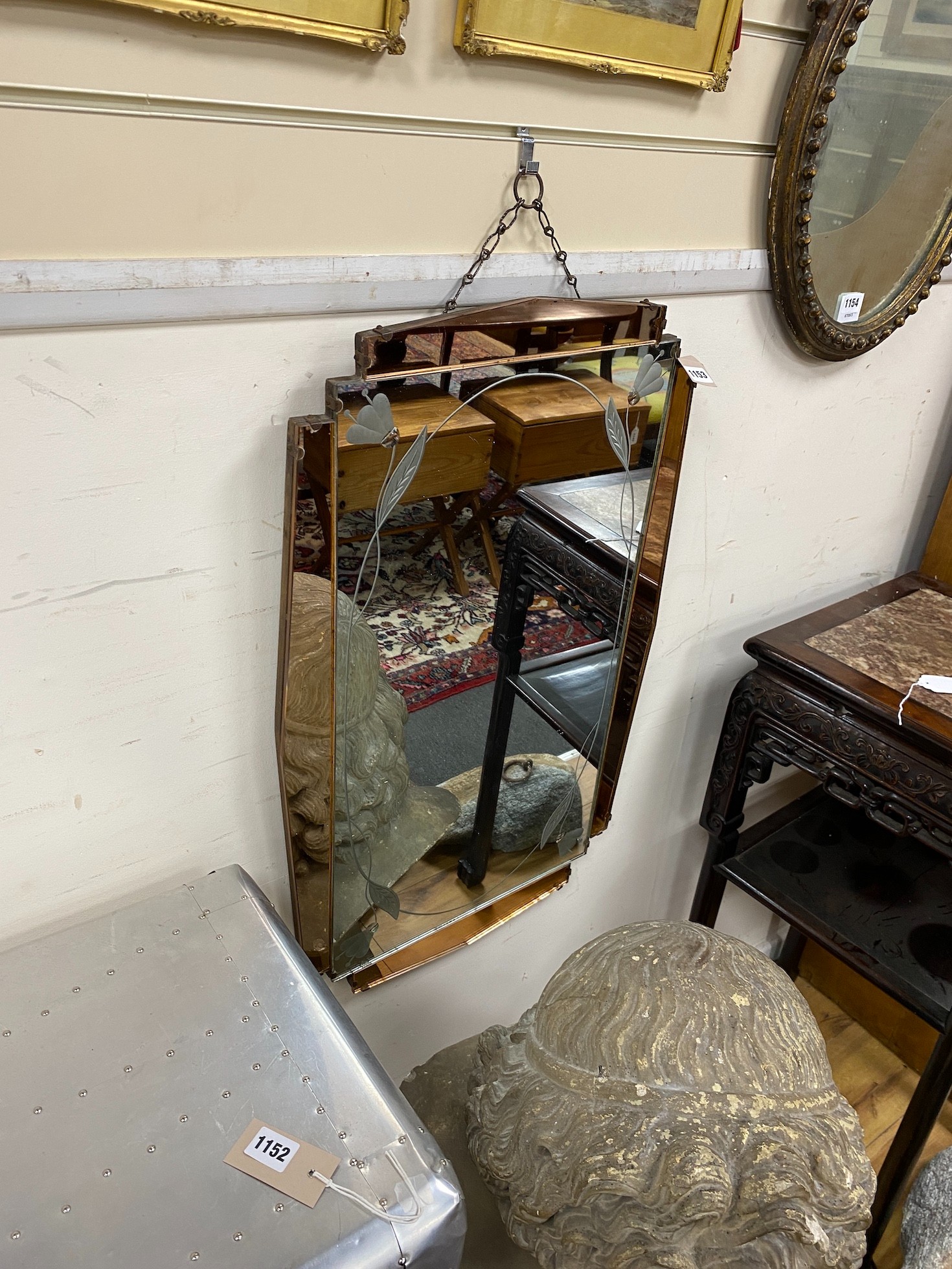A 1930's peach and etched glass wall mirror, width 49cm, height 79cm